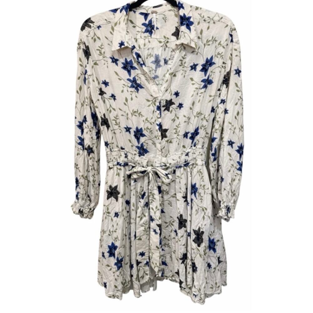 Free People Blue Floral Shirt Dress Small Tie Waist Boho Romantic Cottagecore